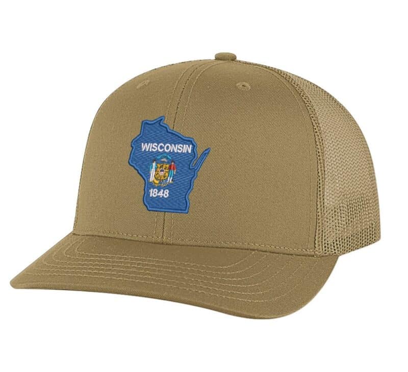 102R-Coyote_Brown_Wisconsin_State_Flag_Trucker_Hat Wisconsin trucker hat with embroidered Wisconsin state flag in shape of Wisconsin, mesh back and adjustable snapback closure