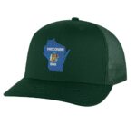Classic Wisconsin trucker hat with embroidered state flag design, mesh back, and adjustable snapback closure.