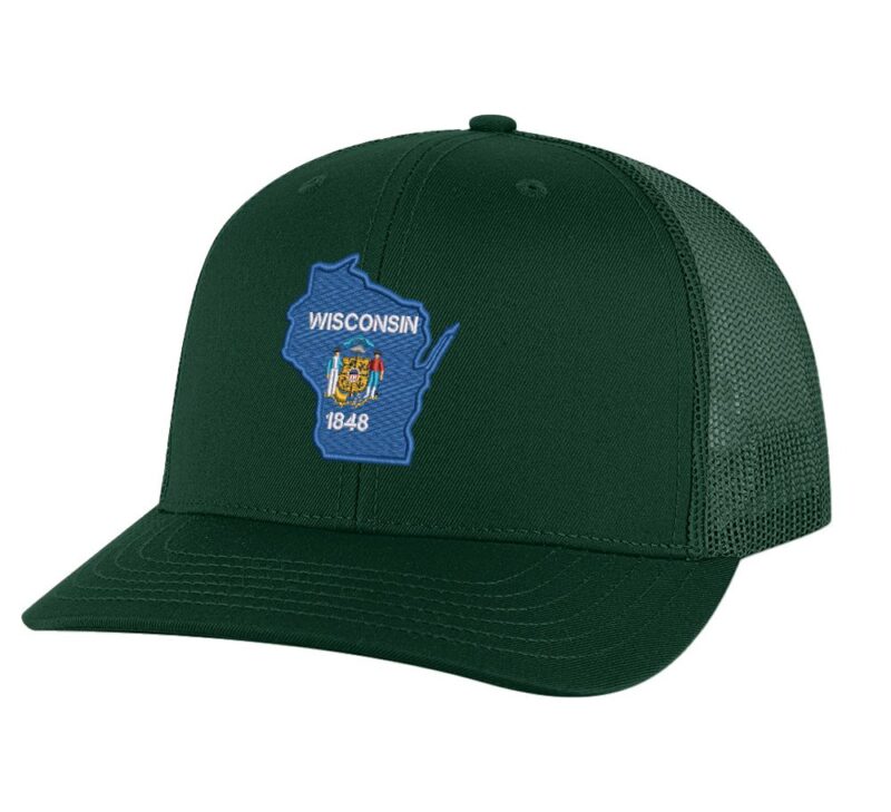 Classic Wisconsin trucker hat with embroidered state flag design, mesh back, and adjustable snapback closure.