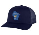 Classic Wisconsin trucker hat with embroidered state flag design, mesh back, and adjustable snapback closure.
