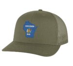 Classic Wisconsin trucker hat with embroidered state flag design, mesh back, and adjustable snapback closure.