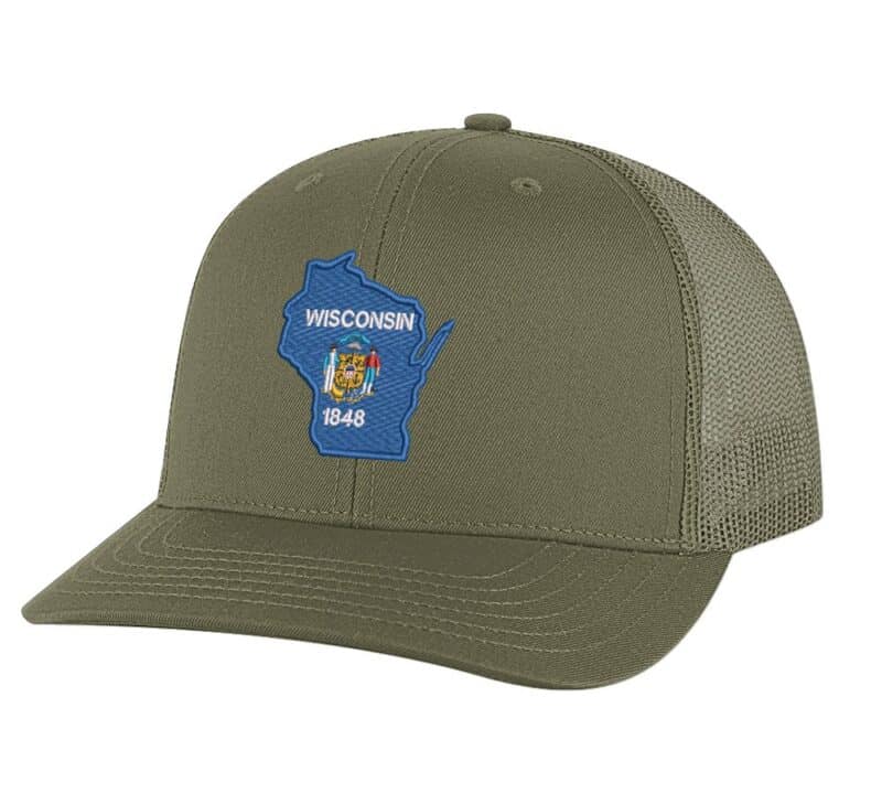 Classic Wisconsin trucker hat with embroidered state flag design, mesh back, and adjustable snapback closure.