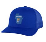 Classic Wisconsin trucker hat with embroidered state flag design, mesh back, and adjustable snapback closure.