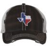 Distressed Texas trucker hat with embroidered state flag design, mesh back, and adjustable strapback closure.