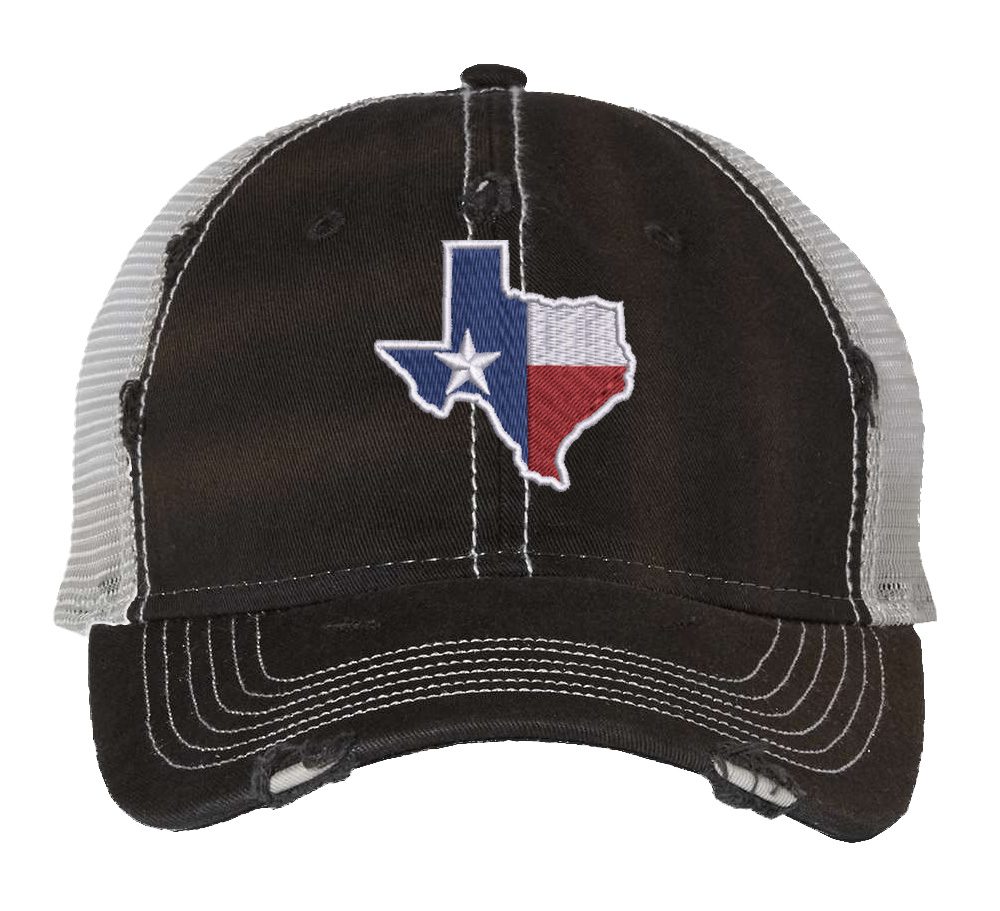 Distressed Texas trucker hat with embroidered state flag design, mesh back, and adjustable strapback closure.