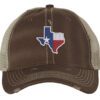 Distressed Texas trucker hat with embroidered state flag design, mesh back, and adjustable strapback closure.