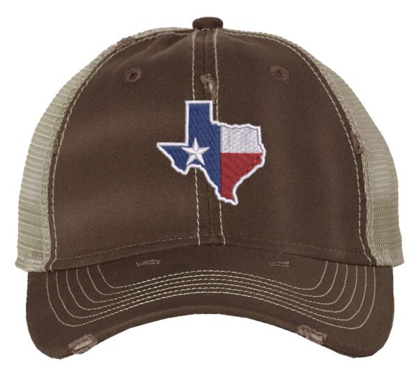 Distressed Texas trucker hat with embroidered state flag design, mesh back, and adjustable strapback closure.