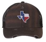 Distressed Texas trucker hat with embroidered state flag design, mesh back, and adjustable strapback closure.