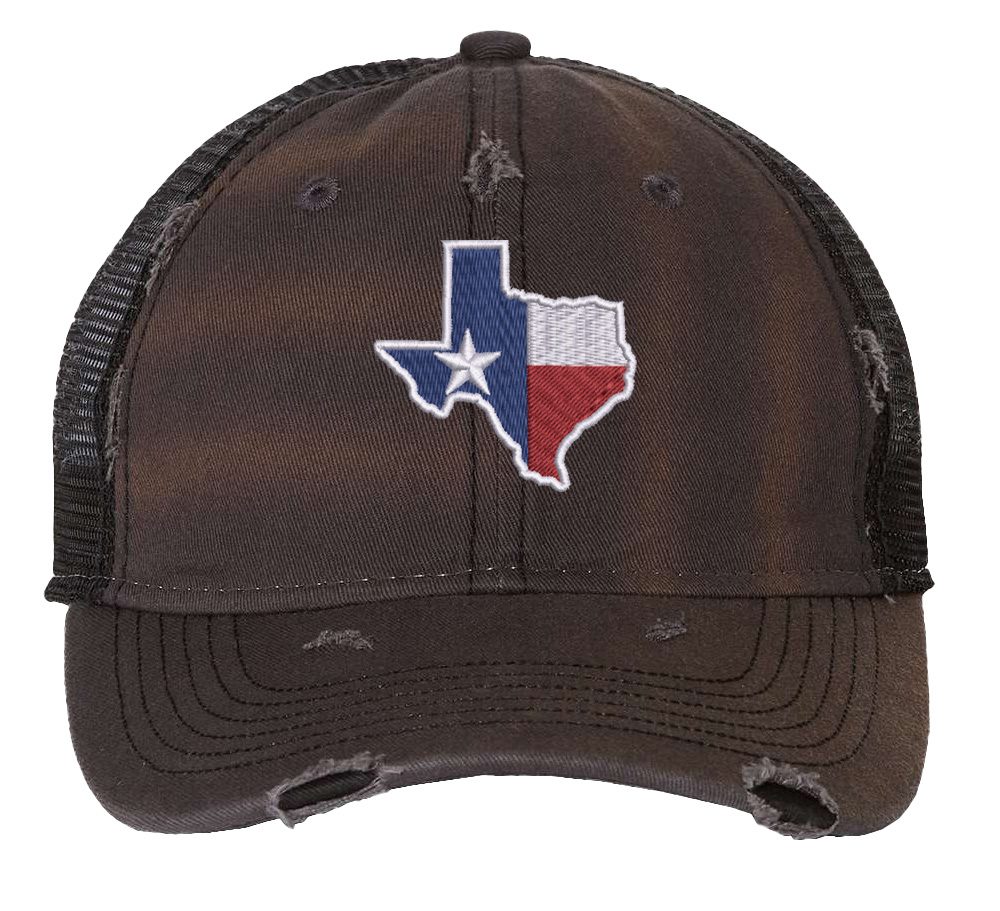 Distressed Texas trucker hat with embroidered state flag design, mesh back, and adjustable strapback closure.
