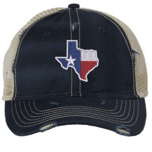 Distressed Texas trucker hat with embroidered state flag design, mesh back, and adjustable strapback closure.