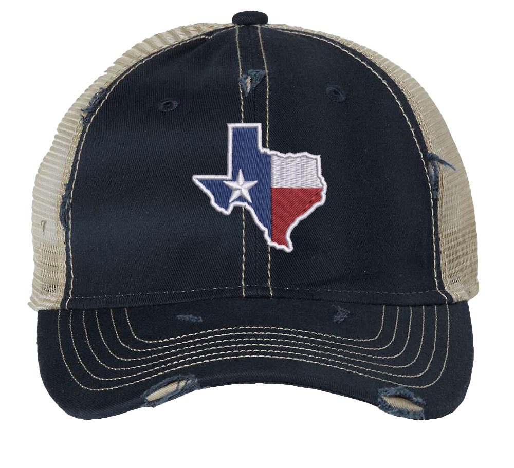Texas state hat with distressed finish, embroidered Texas state flag in shape of Texas, mesh back and adjustable strapback closure