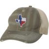 Distressed Texas trucker hat with embroidered state flag design, mesh back, and adjustable strapback closure.