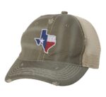 Distressed Texas trucker hat with embroidered state flag design, mesh back, and adjustable strapback closure.