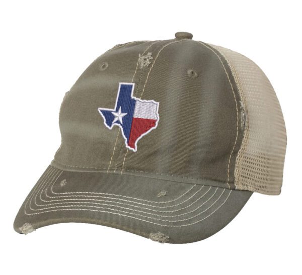 Distressed Texas trucker hat with embroidered state flag design, mesh back, and adjustable strapback closure.