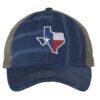 Distressed Texas trucker hat with embroidered state flag design, mesh back, and adjustable strapback closure.