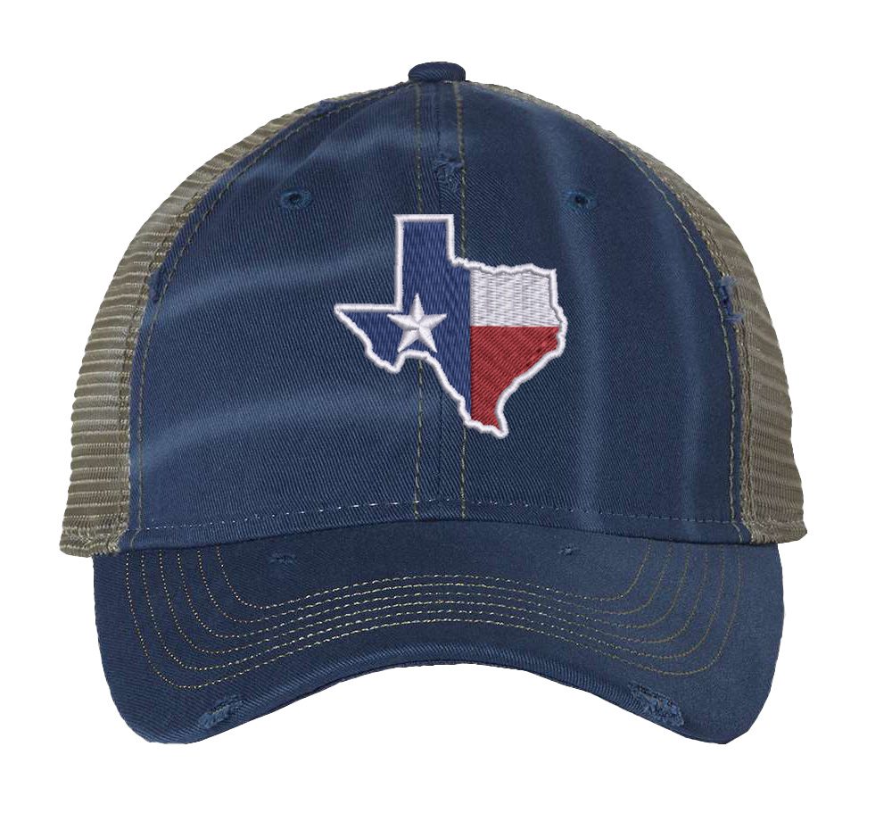 Distressed Texas trucker hat with embroidered state flag design, mesh back, and adjustable strapback closure.