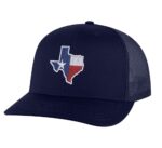 Texas trucker hat with embroidered Texas state flag in shape of Texas, mesh back and adjustable snapback closure