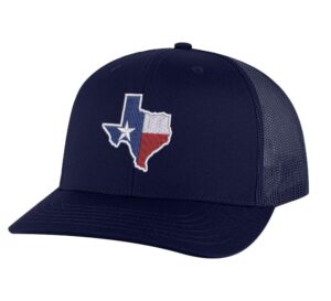Texas trucker hat with embroidered Texas state flag in shape of Texas, mesh back and adjustable snapback closure