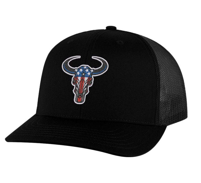 Classic American flag bull head trucker hat with embroidered bull head design, mesh back, and adjustable snapback closure.