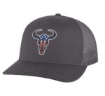 American flag bull hat with embroidered bull head in red, white, and blue colors, mesh back and adjustable snapback closure