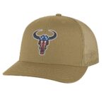 Classic American flag bull head trucker hat with embroidered bull head design, mesh back, and adjustable snapback closure.