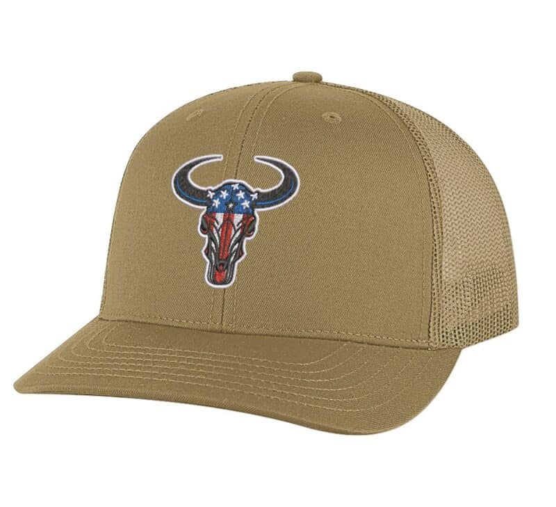 Classic American flag bull head trucker hat with embroidered bull head design, mesh back, and adjustable snapback closure.