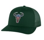 Classic American flag bull head trucker hat with embroidered bull head design, mesh back, and adjustable snapback closure.