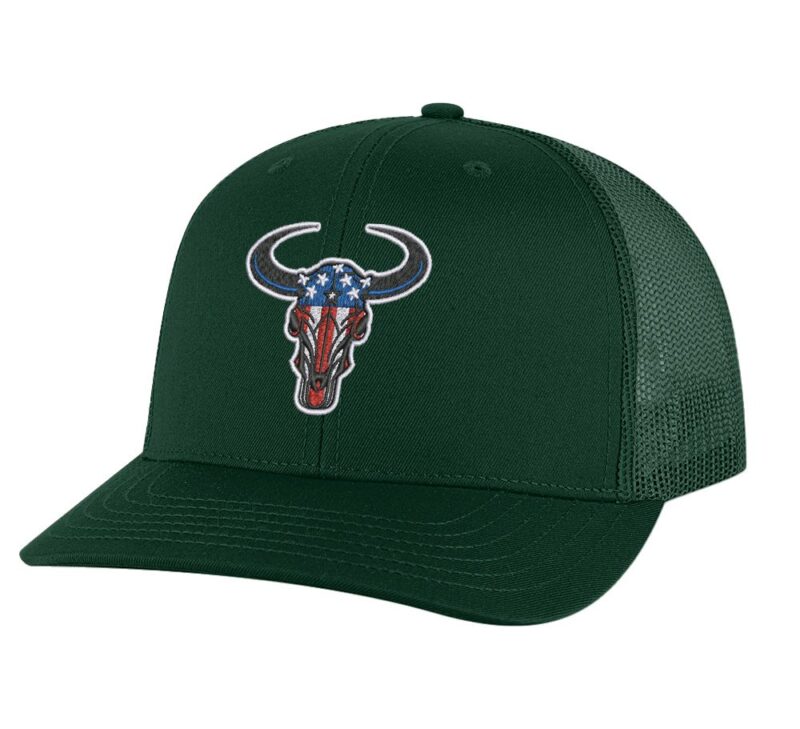 Classic American flag bull head trucker hat with embroidered bull head design, mesh back, and adjustable snapback closure.