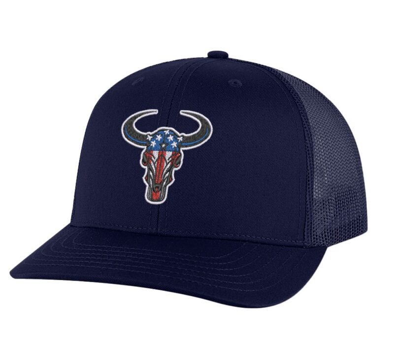 Classic American flag bull head trucker hat with embroidered bull head design, mesh back, and adjustable snapback closure.