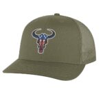 Classic American flag bull head trucker hat with embroidered bull head design, mesh back, and adjustable snapback closure.