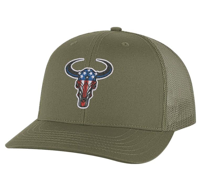 Classic American flag bull head trucker hat with embroidered bull head design, mesh back, and adjustable snapback closure.