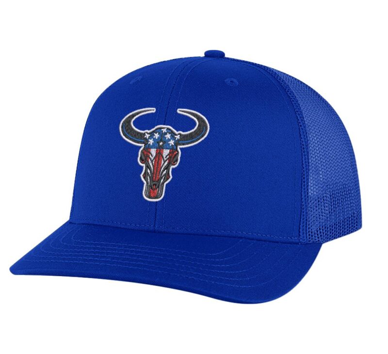 Classic American flag bull head trucker hat with embroidered bull head design, mesh back, and adjustable snapback closure.