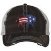 Distressed American flag bison trucker hat with embroidered bison design, mesh back, and adjustable strapback closure.