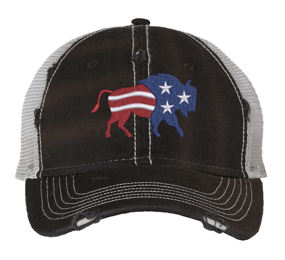Distressed American flag bison trucker hat with embroidered bison design, mesh back, and adjustable strapback closure.