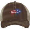 Distressed American flag bison trucker hat with embroidered bison design, mesh back, and adjustable strapback closure.