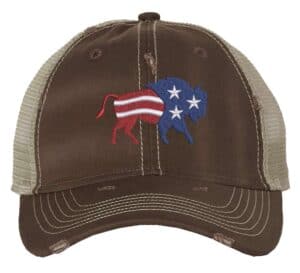American bison hat with distressed finish, embroidered bison in red, white, and blue colors, mesh back and adjustable strapback closure