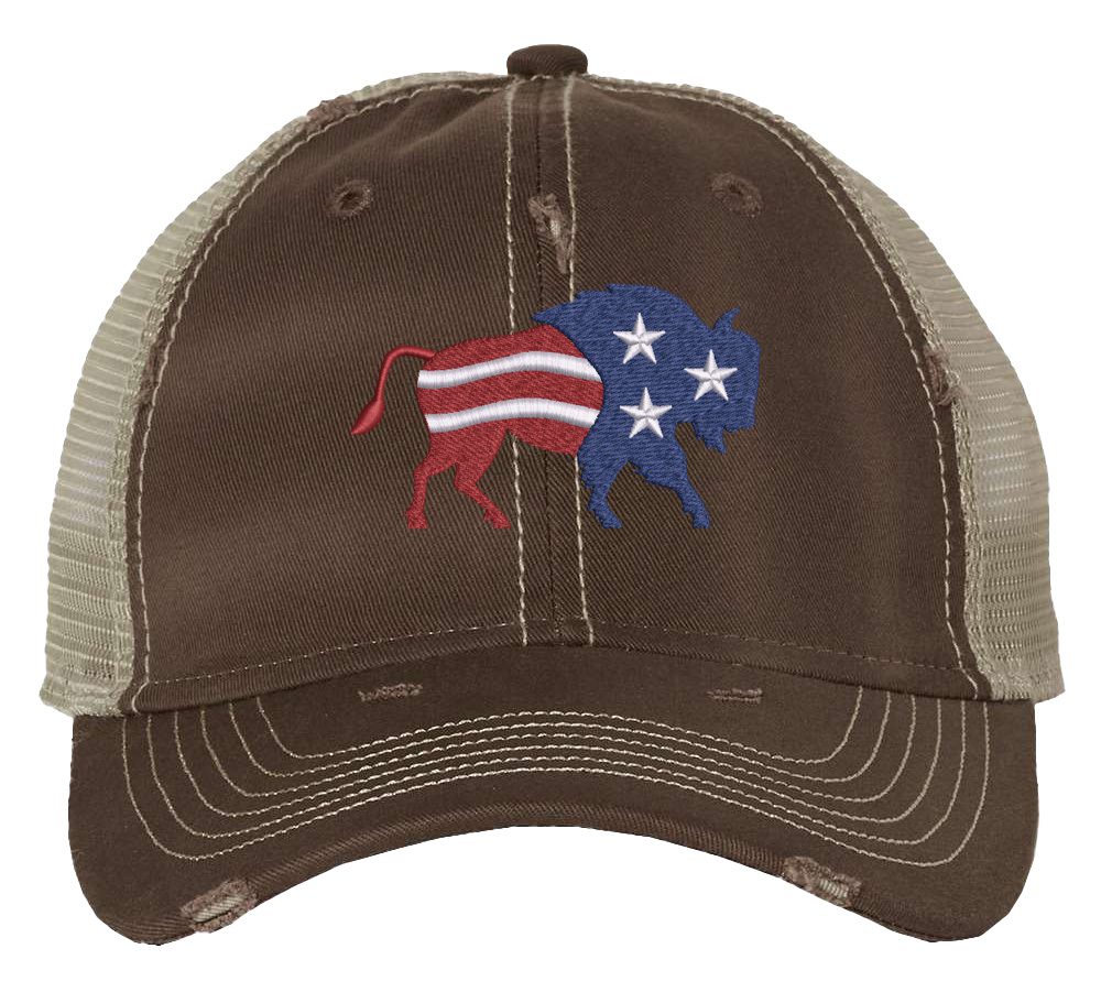 Distressed American flag bison trucker hat with embroidered bison design, mesh back, and adjustable strapback closure.