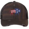 Distressed American flag bison trucker hat with embroidered bison design, mesh back, and adjustable strapback closure.