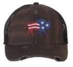 Distressed American flag bison trucker hat with embroidered bison design, mesh back, and adjustable strapback closure.