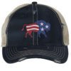 Distressed American flag bison trucker hat with embroidered bison design, mesh back, and adjustable strapback closure.