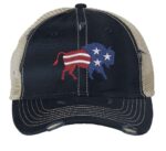 Distressed American flag bison trucker hat with embroidered bison design, mesh back, and adjustable strapback closure.