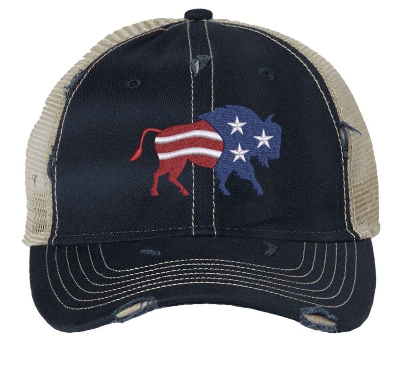 Distressed American flag bison trucker hat with embroidered bison design, mesh back, and adjustable strapback closure.