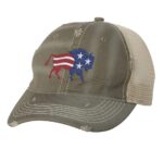 American bison hat with distressed finish, embroidered bison in red, white, and blue colors, mesh back and adjustable strapback closure