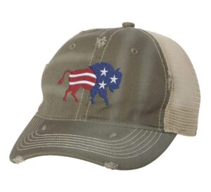 American bison hat with distressed finish, embroidered bison in red, white, and blue colors, mesh back and adjustable strapback closure