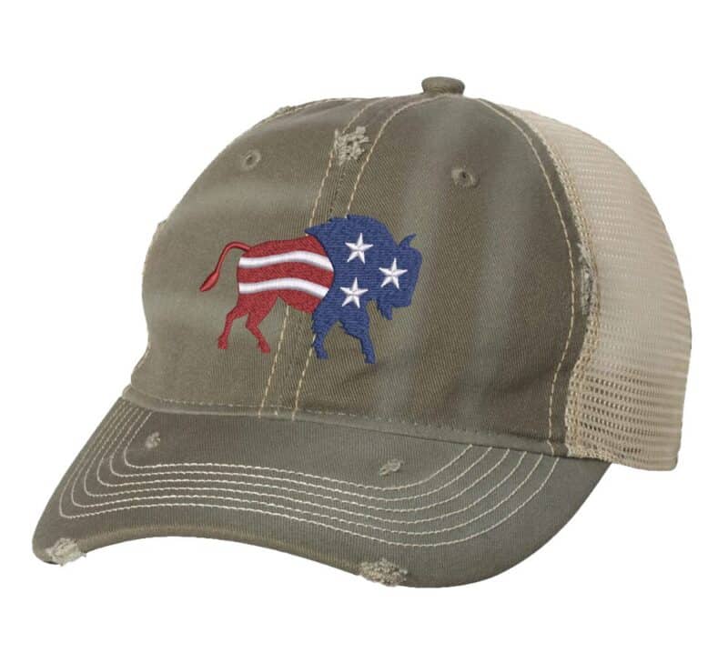American bison hat with distressed finish, embroidered bison in red, white, and blue colors, mesh back and adjustable strapback closure
