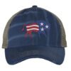 Distressed American flag bison trucker hat with embroidered bison design, mesh back, and adjustable strapback closure.