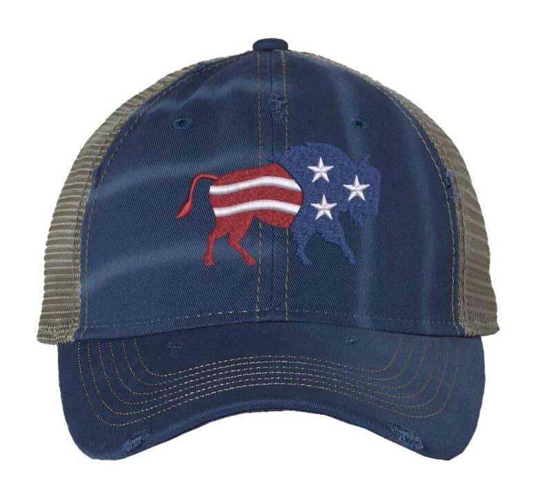 Distressed American flag bison trucker hat with embroidered bison design, mesh back, and adjustable strapback closure.