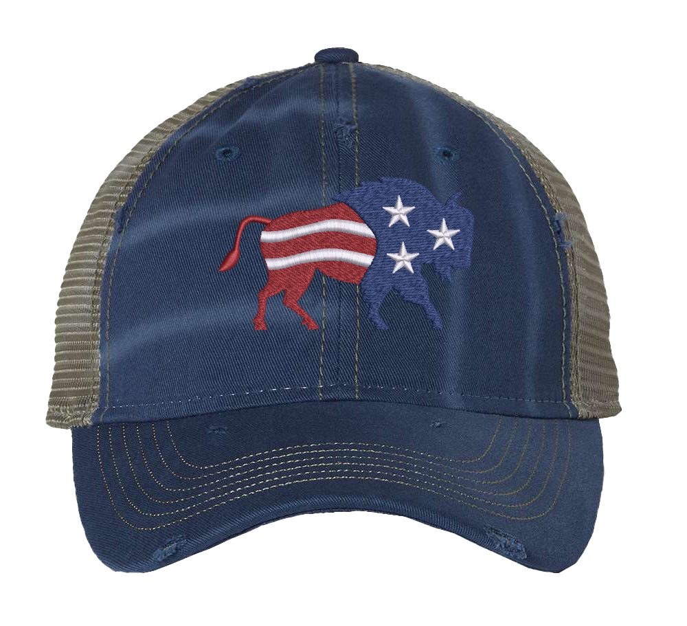 Distressed American flag bison trucker hat with embroidered bison design, mesh back, and adjustable strapback closure.