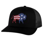 Classic American flag bison trucker hat with embroidered bison design, mesh back, and adjustable snapback closure.