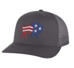 Classic American flag bison trucker hat with embroidered bison design, mesh back, and adjustable snapback closure.